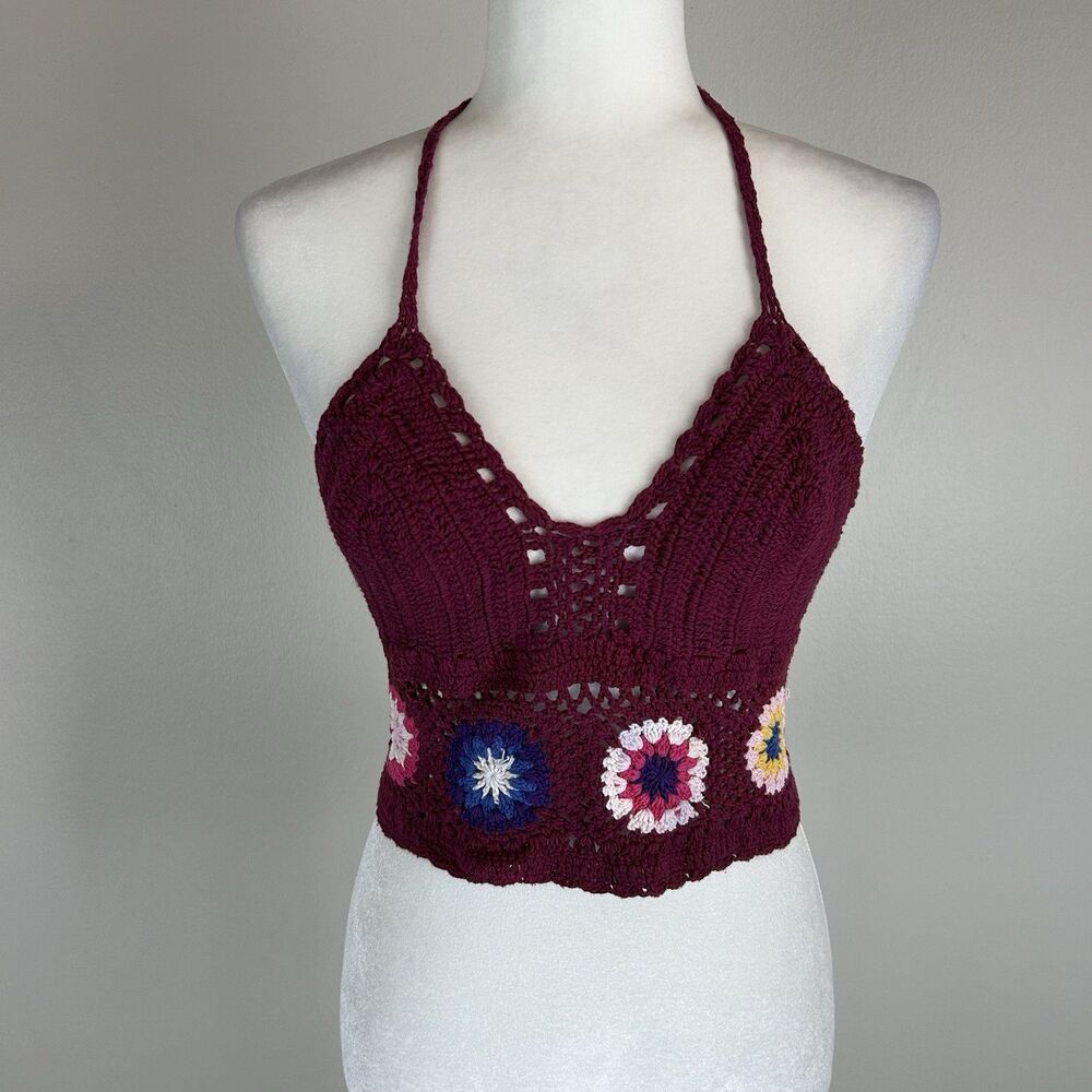 Crochet Halter Tank Top Festival Size M Granny Square Hippie Gypsy Crop Boho